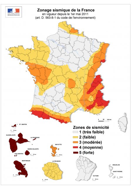 Carte de zonage sismique à prendre en compte en France