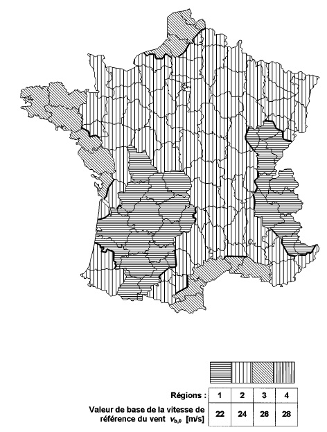 Karte des Grundwerts der Basiswindgeschwindigkeit in Frankreich zu berücksichtigen