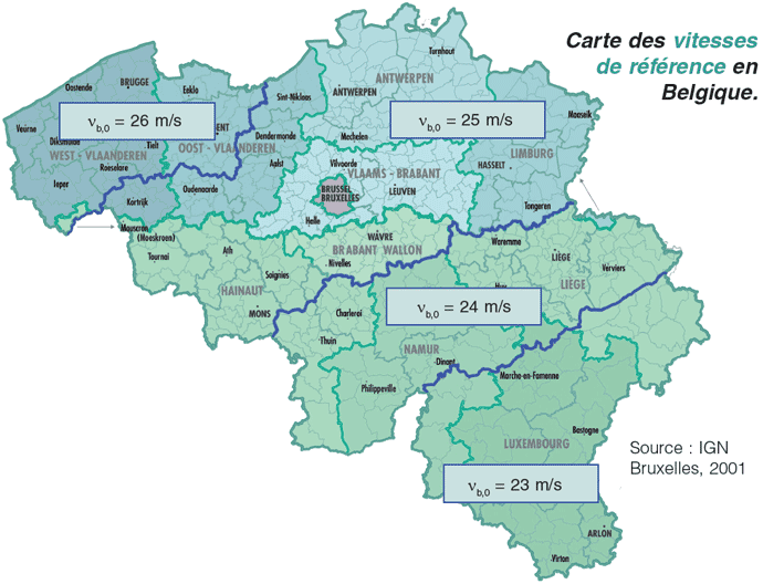 Carte des valeurs de base de la vitesse de référence du vent à considérer en Belgique
